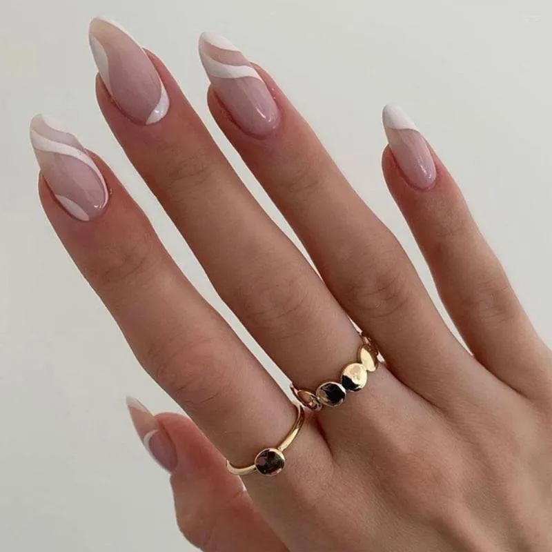 Faux ongles noir blanc amour coeur faux géométrique goutte d'eau presse française gelée colle 24 pièces/boîte amande ongles G7P0