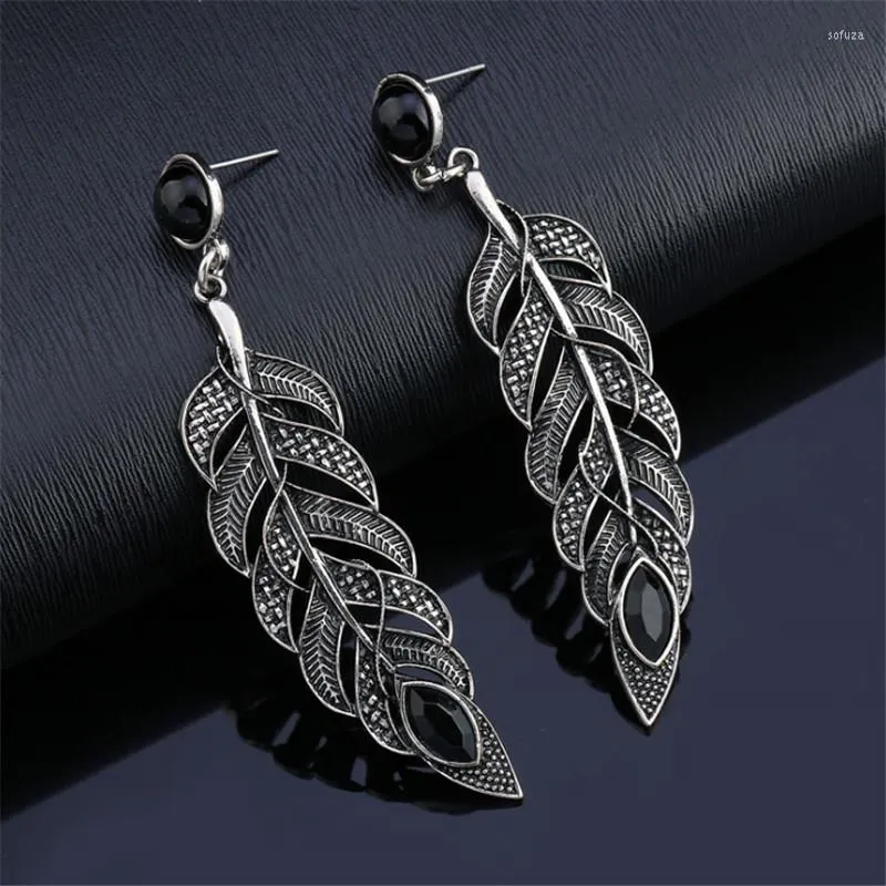 Brincos Stud Brincos Moda para Mulheres Antiga Cor Prata Liga Pena Grandes Longas Contas Pretas Pingente Boucle D'oreille