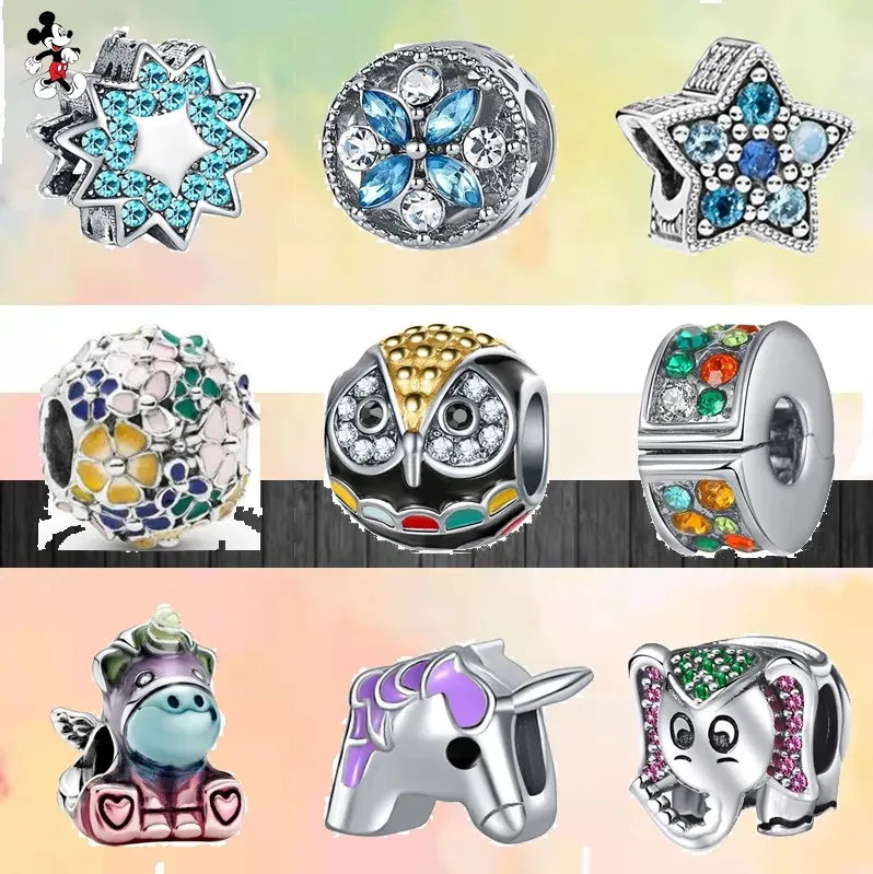 Per charm pandora ciondoli perline in argento 925 Fashion Colorful Magical Unicorn Owl Flower Ciondolo con ciondolo in zircone blu cielo