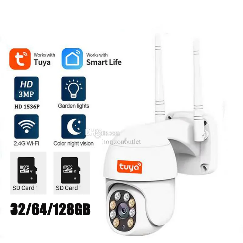 Tuya Smart 3MP-kamera HD 1080P trådlös WiFi IP-kamerakort AI-spårningskameror för hemlyft IP-säkerhet Tvåvägsljud Auto Night Vision IP65 Google Alexa App