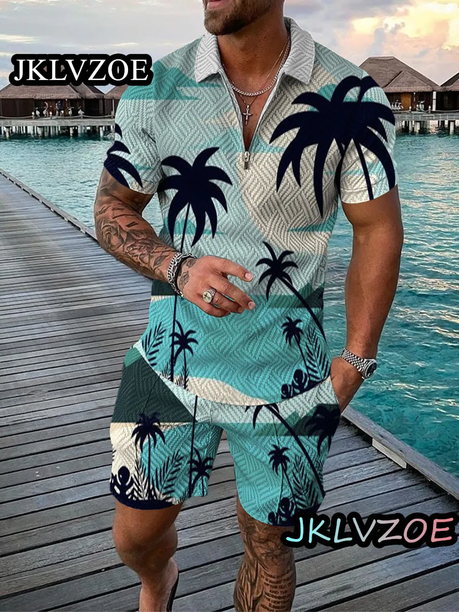 Survêtements pour hommes Hawaiian Polo Set Hommes Survêtement Summer Beach Outfits Shorts Shirt 2 Piece Zipper Suit Coconut Tree Casual Big Size Streetwear 230707