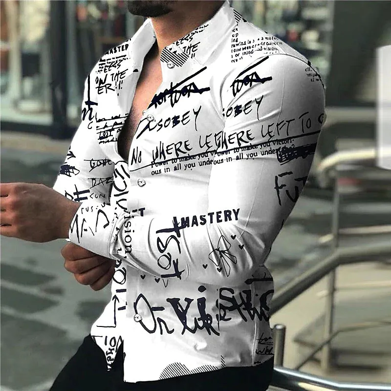 Chemises habillées pour hommes spaper Text Art Fashion Luxury Party Chemise de soirée Revers Button Down Casual Print Top à manches longues Hommes Pull 230707