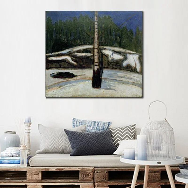 Modern Abstract Canvas Art Birch in Snow Edvard Munch Handmade Oil Painting Contemporary Wall Decor