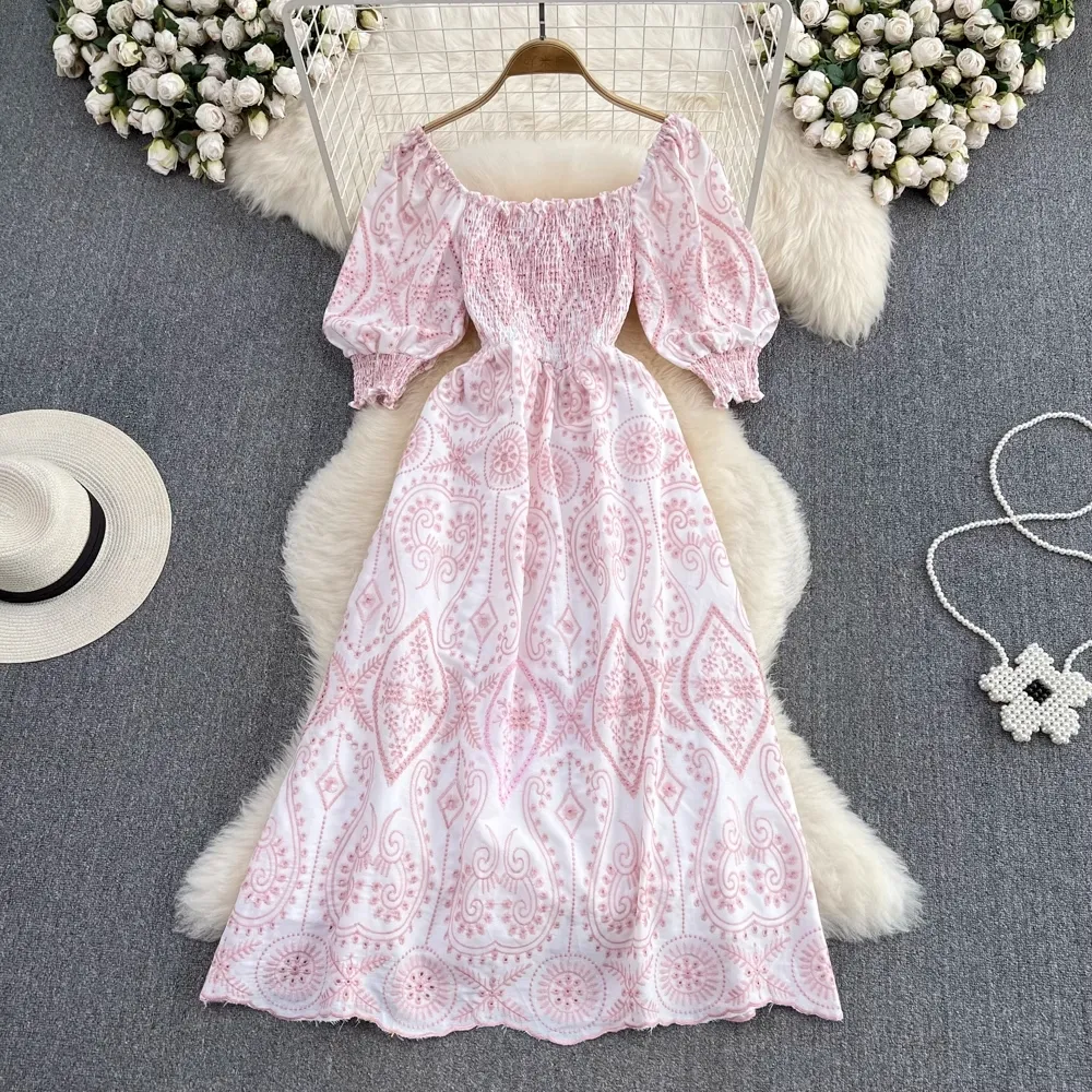 Summer French Vintage Square Neck Bubble Short Sleeve Hollow out Embroidery A-line Dress Sweet Sen First Love Long Dress