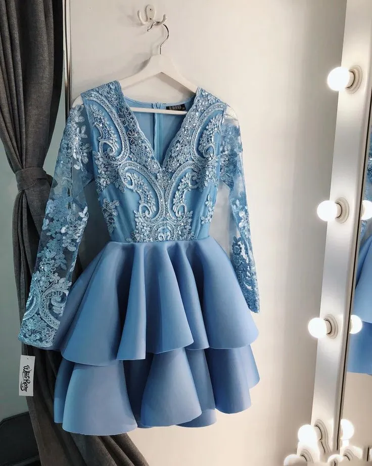 knee length dresses for ladies Champagne V Neck Long Sleeves Lace Short Prom Dresses, Long Sleeves Ch –  morievent