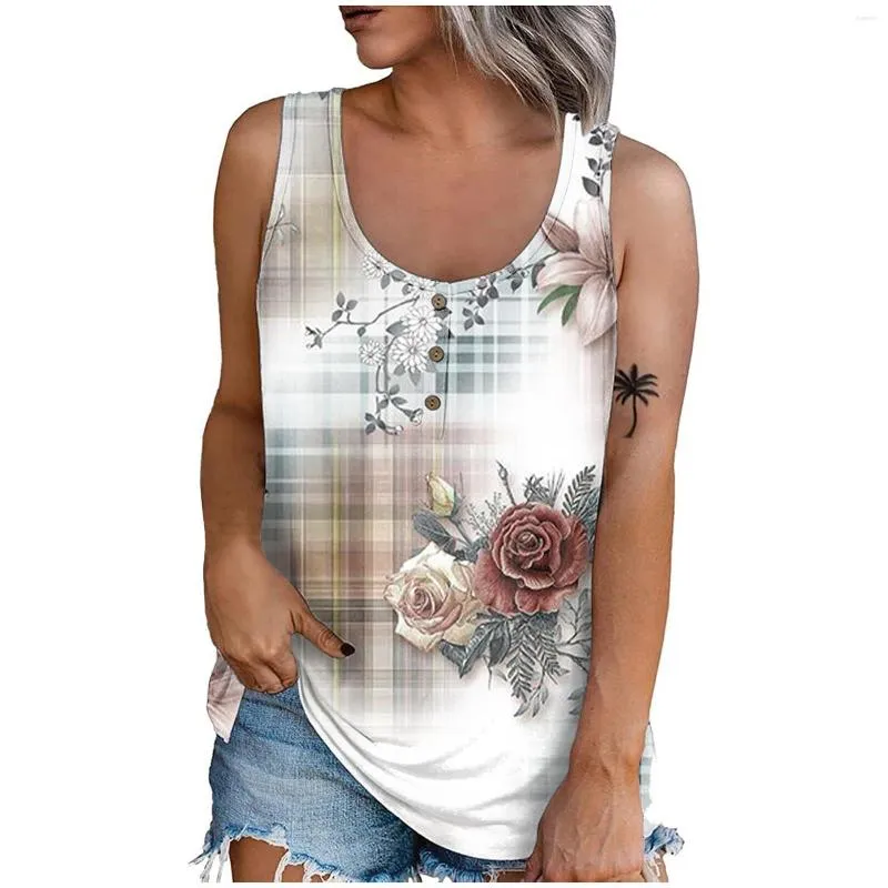 Women's T Shirts Summer Sleeveless Casual Printed O Neck Button Up T-Shirts Dressy Fit Slim Tunic Ladies Fashion Woman Blouse 2023