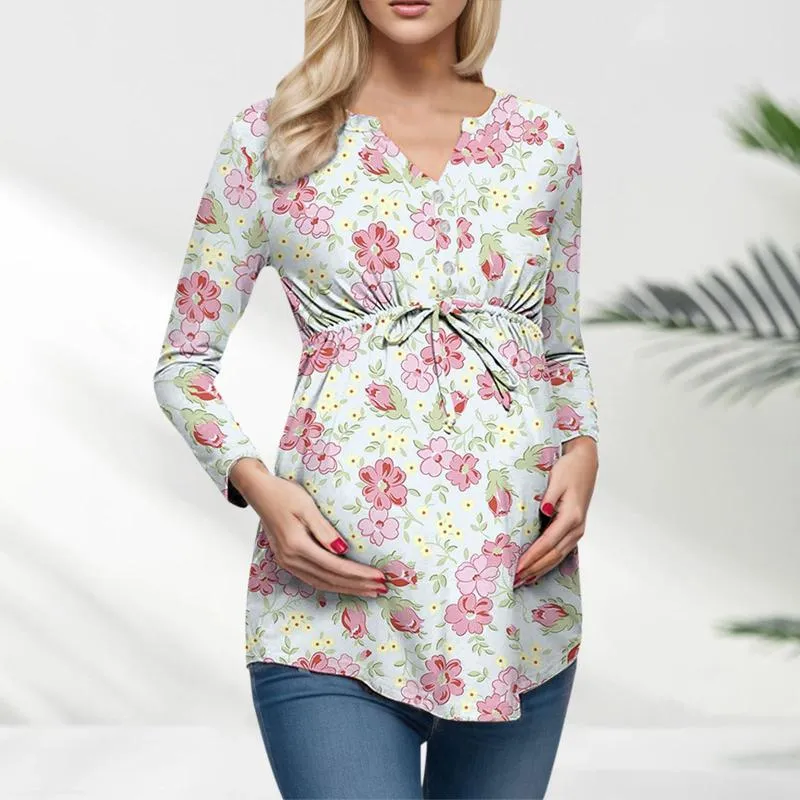 Women's Blouses Pregnant Tops Clothing Large Size Loose Notch V Neck Long Sleeve T Shirt Vintage Floral Printing Oversize Belt Shirts