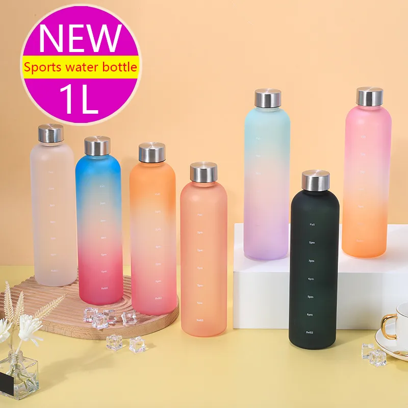 Motivational Sports Water Bottle 1 Litre With Time Marker Stickers 1 Liters, Portable & Reusable