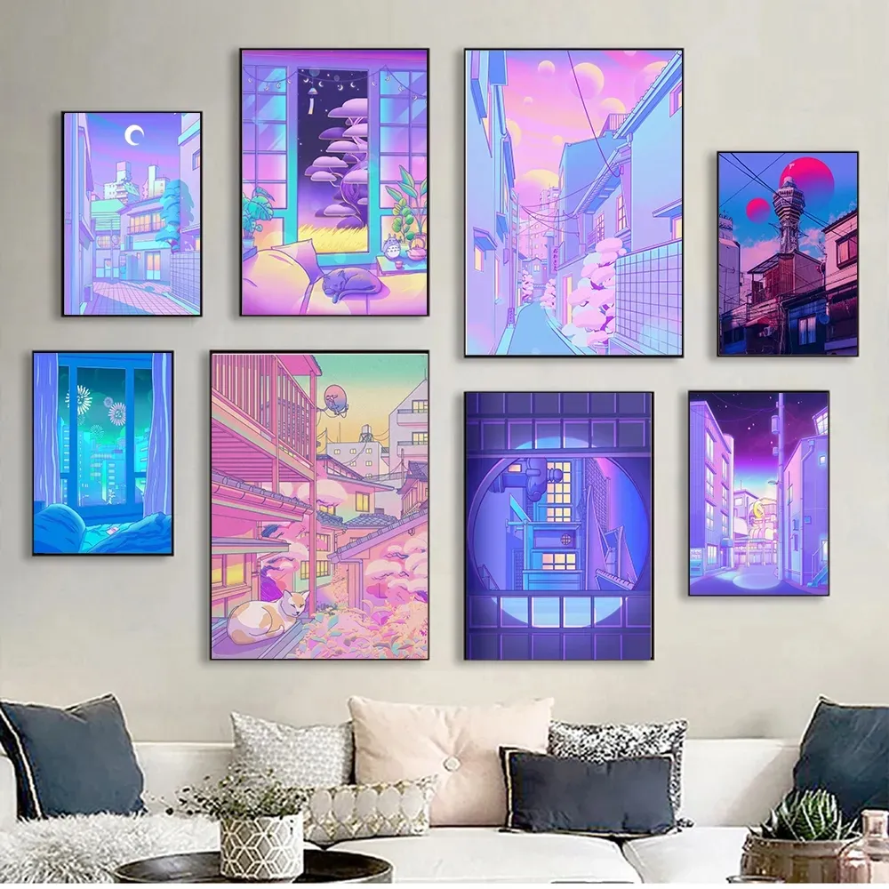 Night City Pop Kyoto Canvas Painter Poster City Street Midnight Matsuri Pink Painting Wall Art Home Kawaii Room Decor Canvas Poster