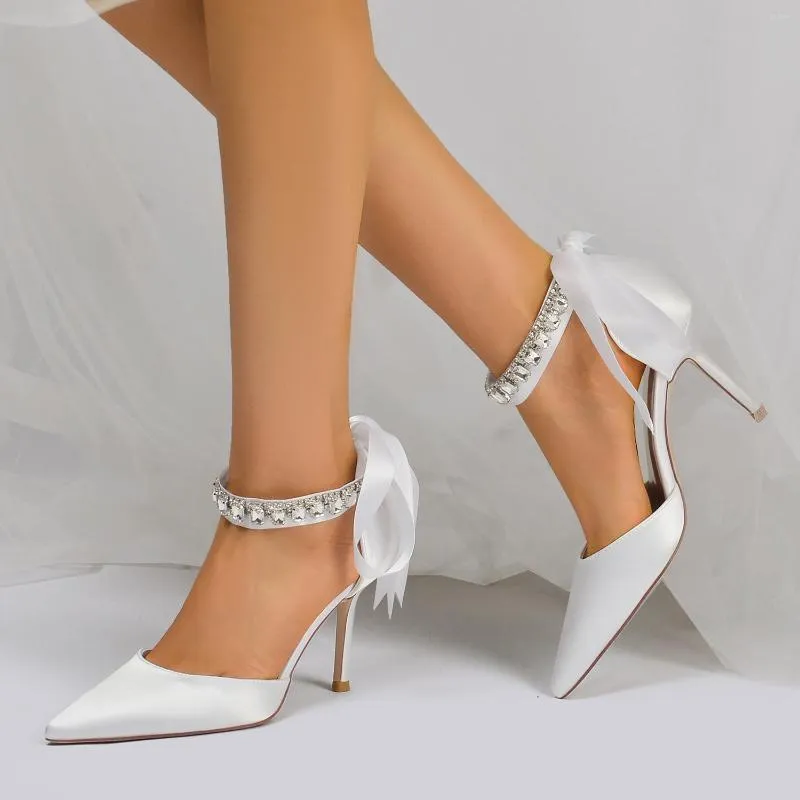 Sapatos sociais dedo do pé pontiagudo noiva casamento cetim com cristal quadrado tira no tornozelo fita laço nas costas sapatos D'orsay salto fino feminino