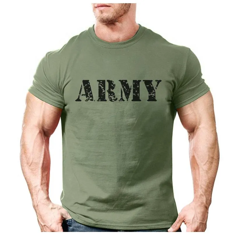 Cardigans 2021 Fashion Army Letter Printed Tshirt Men's Casual Solid Color Exercise Sportswear Tshirt Trendy Male Retro T Shirt