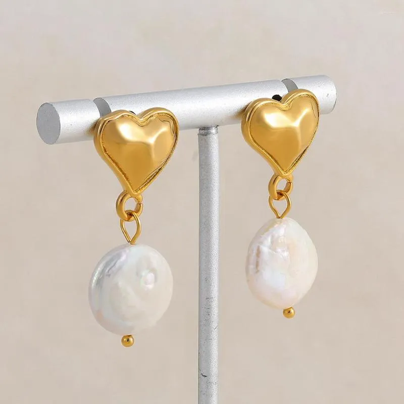 Boucles d'oreilles pendantes Vintage martelé coeur forme goujons perle goutte pour les femmes plaqué or acier inoxydable amour élégant bijoux