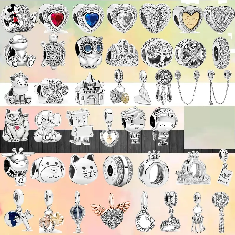 For pandora charm 925 silver beads charms Color Lucky Cat Safety Chain Dog Paw Crown Owl Love charm set Pendant