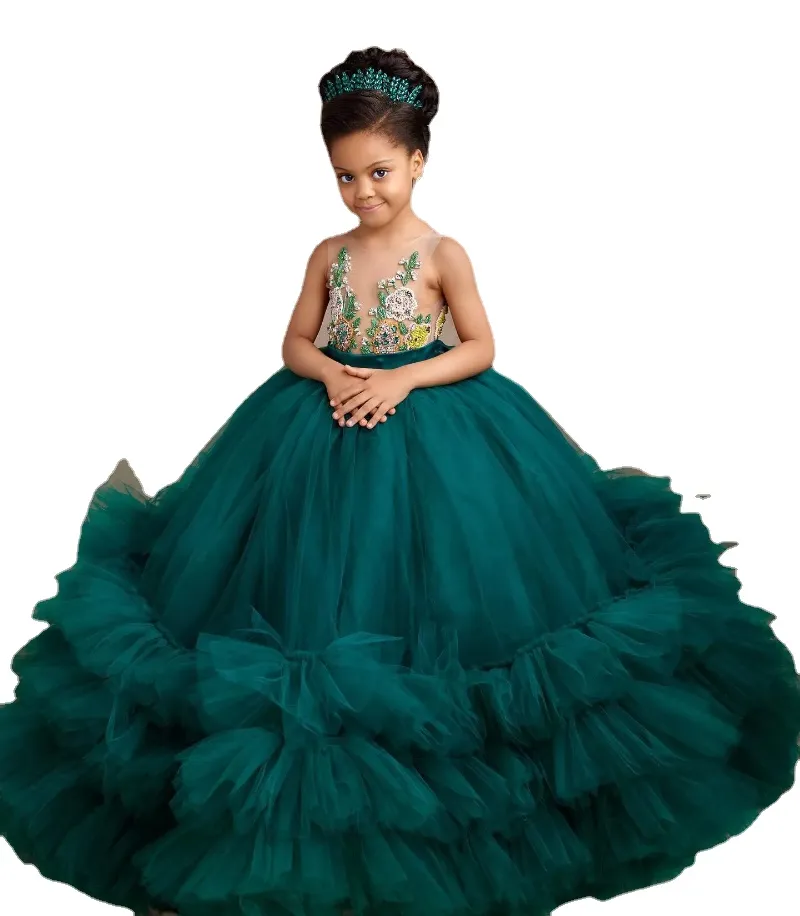 Hunter Green Flower Girls Robes Pour Mariages Jewel Neck Illusion Sans Manches Cristal Perles Tiered Tulle Anniversaire Enfants Pageant Robes Balayage Train