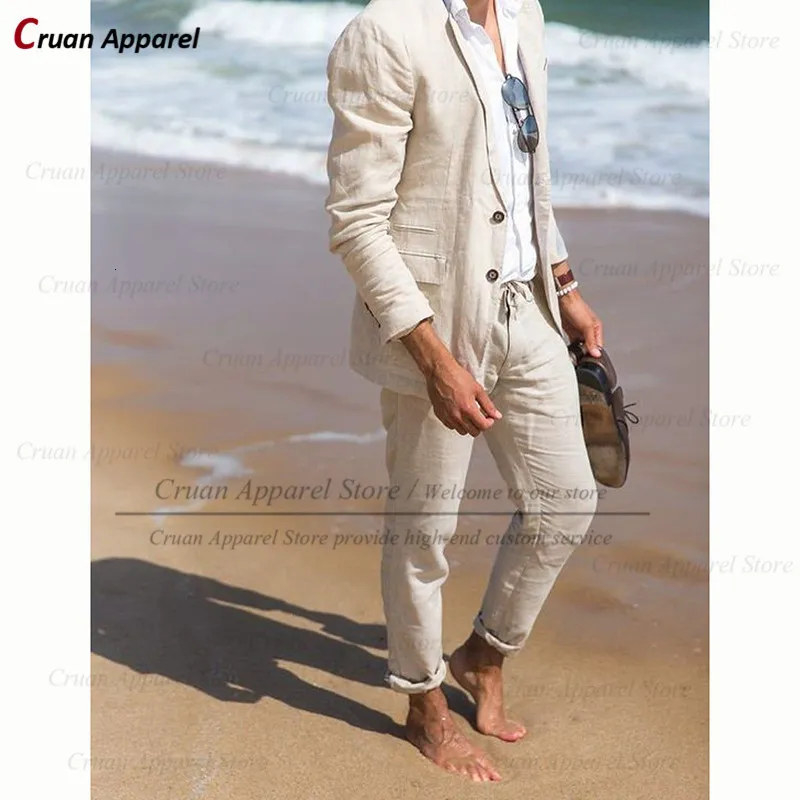 Мужские костюмы Blazers Classic Beige Linen для мужчин Set Stem Groom Groomsmen Wedding Beach Tuxedo Fashion Tailormade Casual Blazer Pants 2pcs 230707