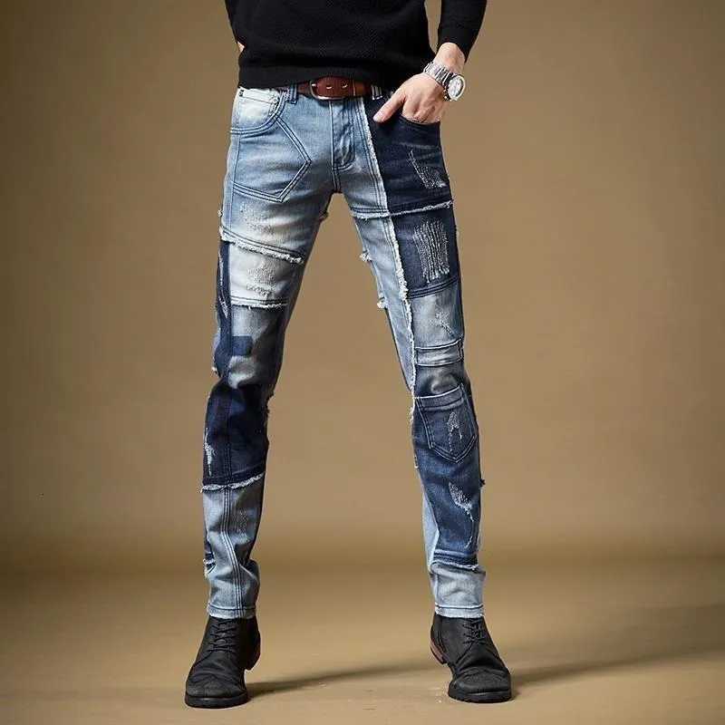 herenjeans licht luxe heren street fashion kleur contrast patchwork krassen punk stijl denim broek trendy casual broek; 230707