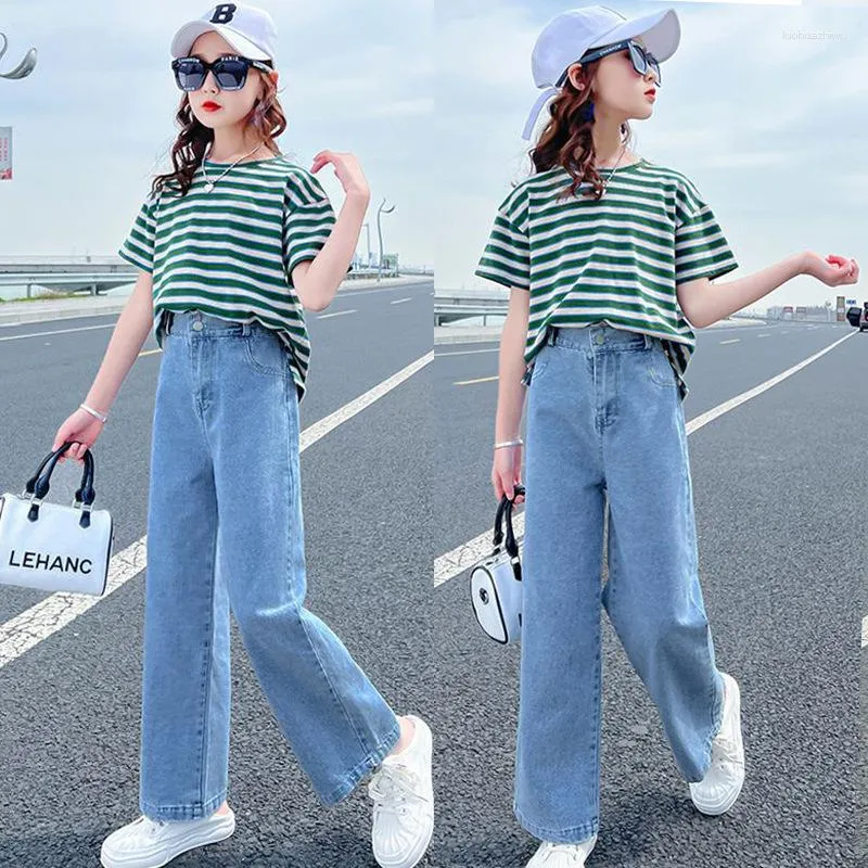 Clothing Sets 2PCS Children 2023 Summer Teens Girls Clothes Outfits Kids Striped Loose T-shirt Demin Pants Jeans 6 8 10 12 14 Year