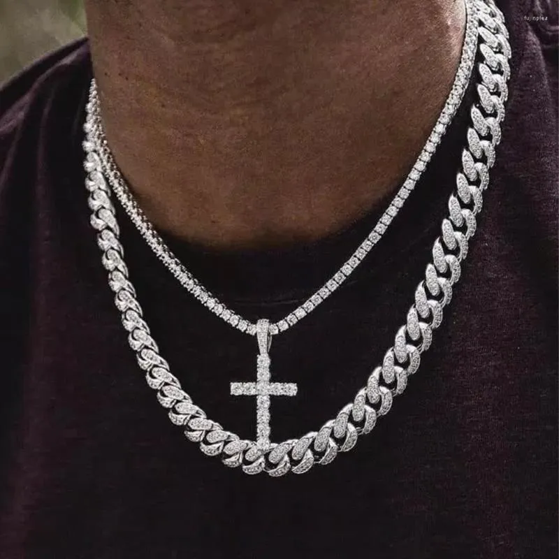 Chains Hiphop Cross Chain Iced Out Miami Cuabn For Men Bling 13MM Cuban Link Tennis Necklaces Punk Jewelry Drop