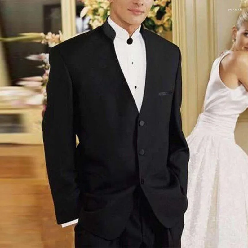 Men's Suits Black Groom Tuxedo With Stand Collar 2 Piece Slim Fit Tunic Men For Wedding Male Fashion Set Jacket Pants 2023