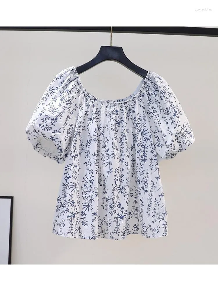 Damblusar Lamtrip Unik Slash Neck Art Bamboo Leaves Print Kort puffärmad skjorta Blus 2023 Summer Mori