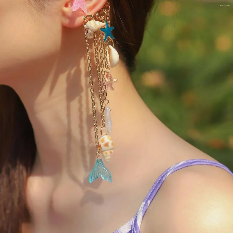 뒷면 귀걸이 1 조각 보헤미안 휴가 해변 여성 패션 아이템을위한 쉘 멀티 컬러 생선 꼬리 불가사리 진주 E