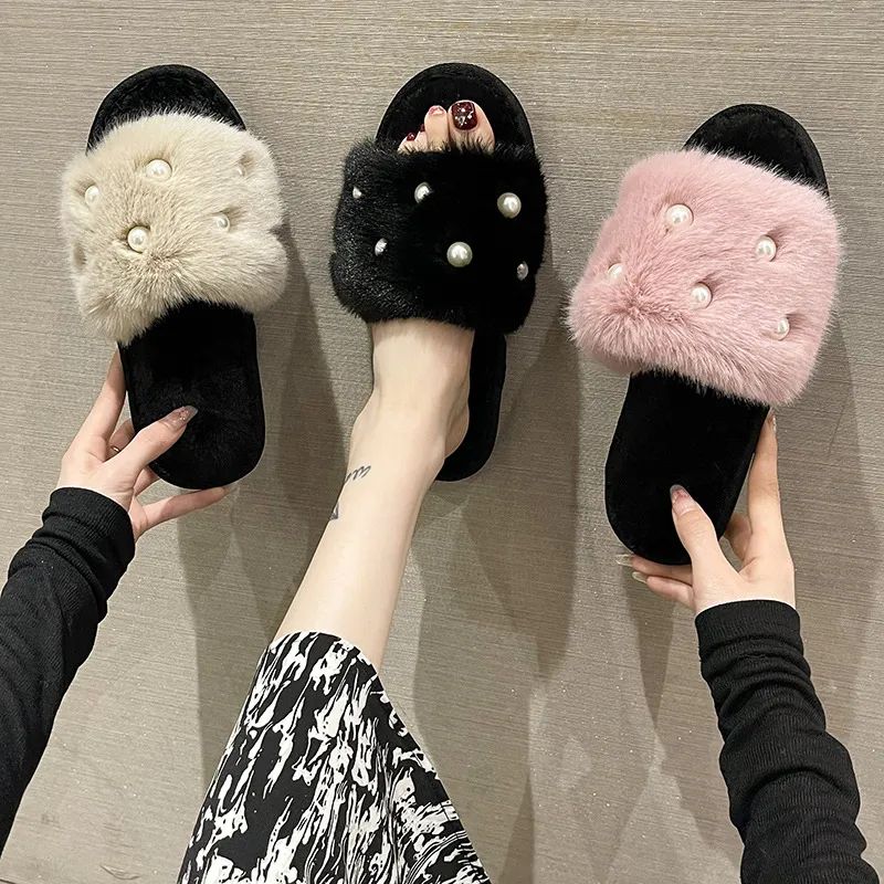 Fur flat bottom slippers women's fashion flip flops home big fur pearl opening cotton slippers cross-border Foreign trade new style