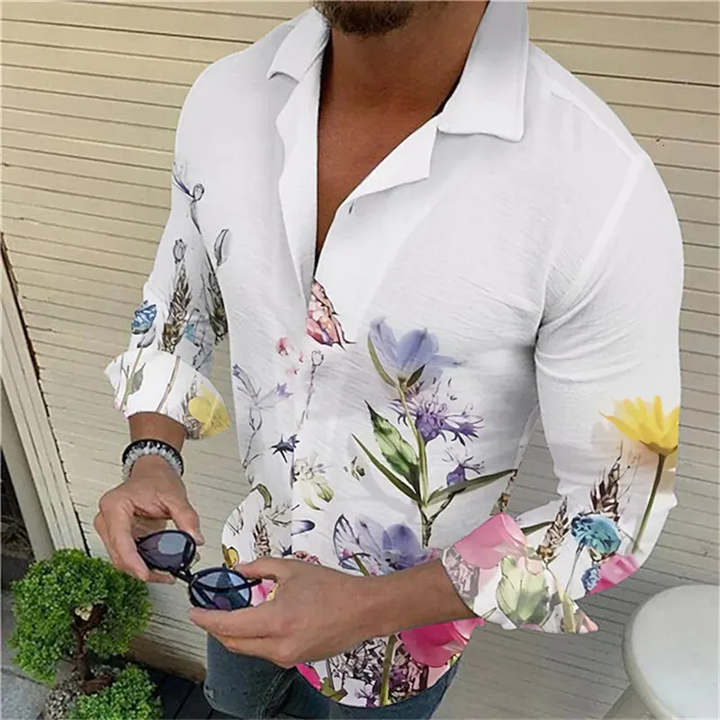 Chemises habillées pour hommes Mode Floral Coton Élastique Revers Chemise Casual Festival En Plein Air Rue Bleu Violet Bouton Top Plus La Taille 2023 230707