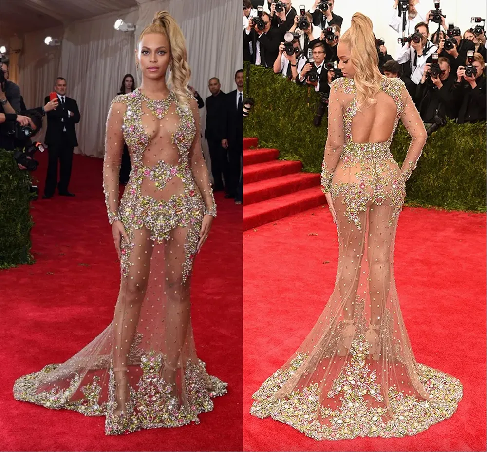 Met Gala Robes De Célébrités Nues Dos Nu À Manches Longues Sirène Sheer Sexy Robe De Bal Cristaux Colorés Robe Formelle Pour Les Femmes Tapis Rouge