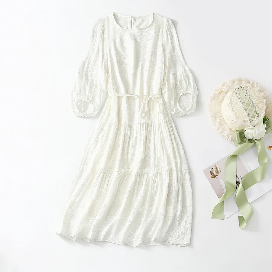 2023 Summer White Floral Print Belted Silk Dress 1/2 Half Sleeve Round Neck Paneled Kne-Length Casual Dresses C3Q04 Plus Size XXL 0172