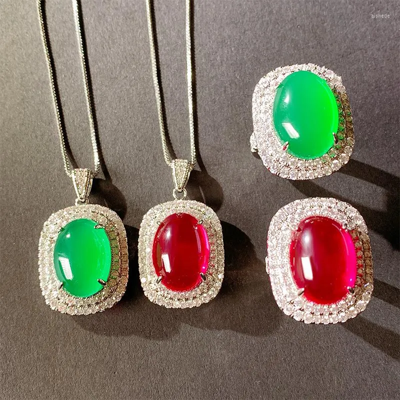 Necklace Earrings Set EYIKA Vintage Oval Shape Red Green Simulated Chalcedony Jade Ring For Women Semi Joias Zircon Wedding Fine Jewelry