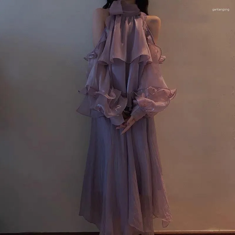 Fritidsklänningar Kvinnor Kläder Skjorta Kjol 2023 Franska Stilar Vår Sommar Retro Hängande Hals Lila Mode Tvådelat Set Söt Klänning