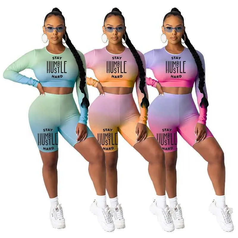 Femmes Survêtements Deux Pièces Ensemble Designer 2023 Nouvelle Lettre Impression Gradient Haute Élastique À Manches Longues Shorts Sportwear 3 Couleurs