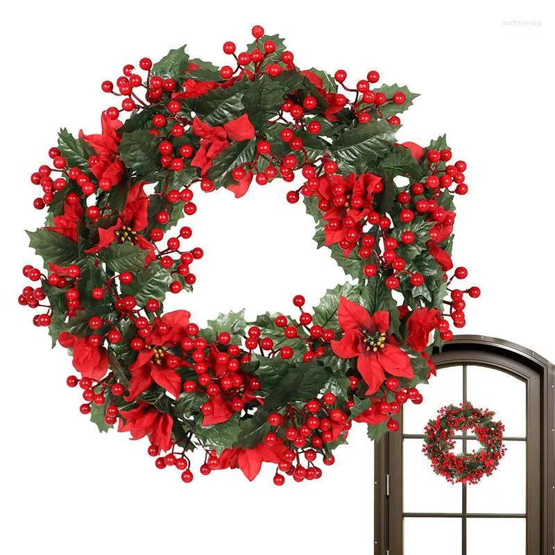 Coroa de flores decorativas de Natal com bagas vermelhas 19 polegadas Flor seca artificial para interior porta de lareira para férias de inverno