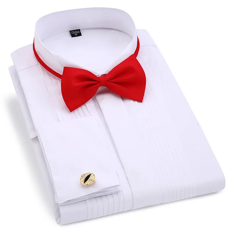 Men's Dress Shirts Men Wedding Tuxedo Long Sleeve French Cufflinks Swallowtail Fold Dark Button Design Gentleman Shirt White Red Black 230707