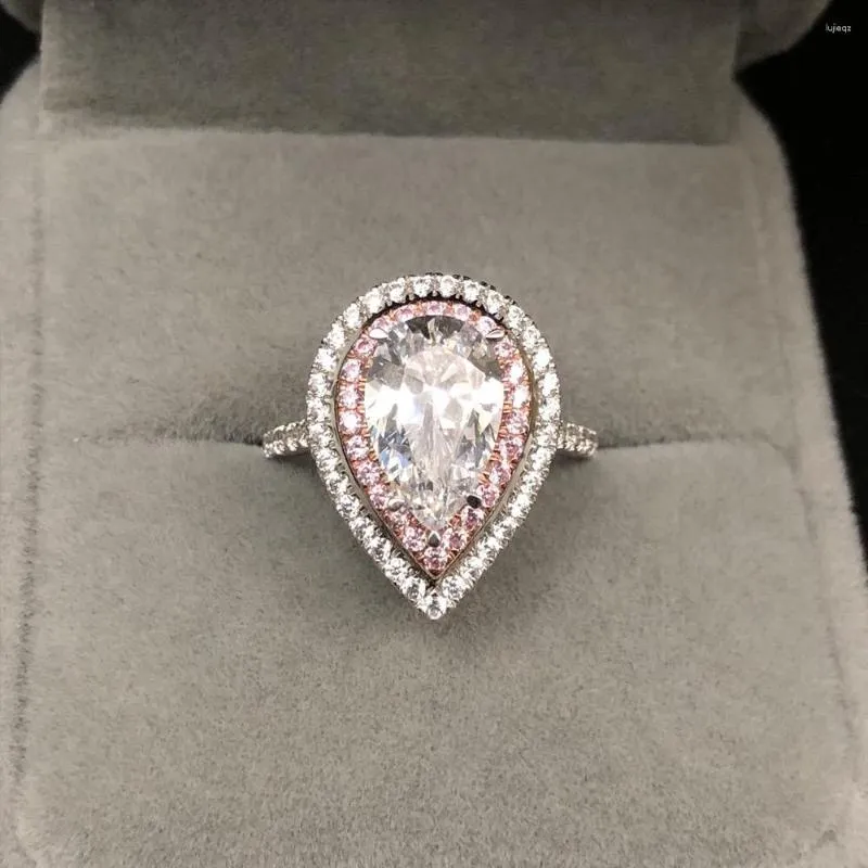 Pierścienie klastra moda prosta damska s925 srebrna pierścień najwyższa jakość dużej cyrkon ślubna woda upuść różowa biżuteria