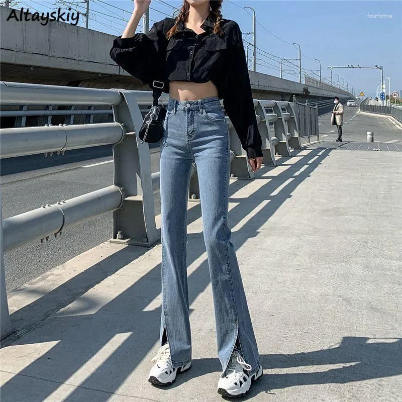 Damjeans Vintage Dam Framkant Slits Elasticitet Enkel Matchande Smal Studenter Boot Cut Denim Daglig Fritid Koreansk Stil Trendig