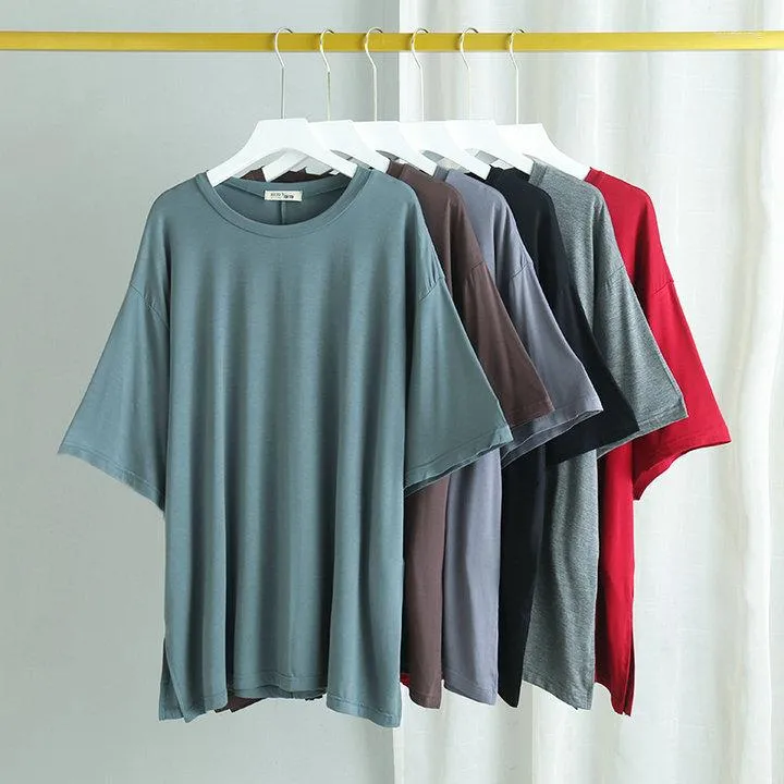 Women's T Shirts Summer Loose And Bulky Version Solid Color T-shirt Short Bat Sleeve Round Neck Medium Length Modal Base Tshirt Women