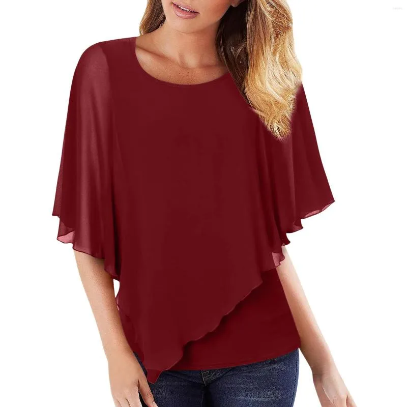 Blouses pour femmes 2023 été femmes Blouse élégante en mousseline de soie chemise ample hauts col rond fluide châle Double couche chemises décontractées Blusas