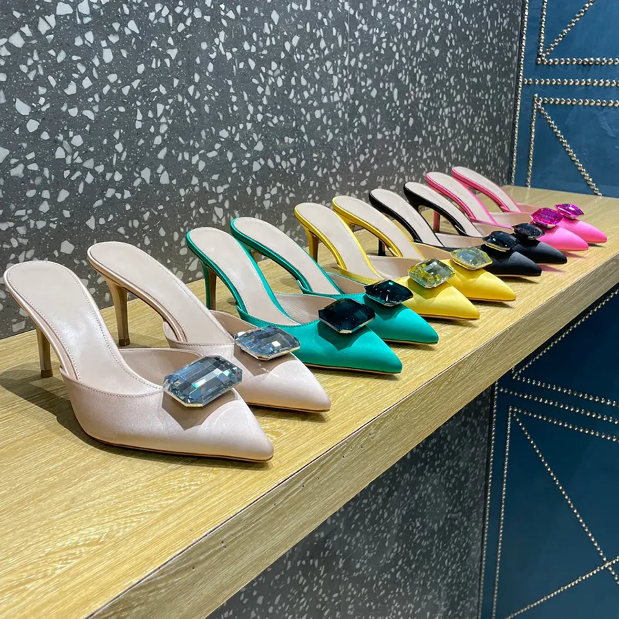 Gianvito Rossi Slippers voor damesschoenen ontwerpers Schoenen super Grote Strass 8cm Naaldhak designer sandalen jurk schoenen 35-42 Scuffs satijn Puntige pantoffel