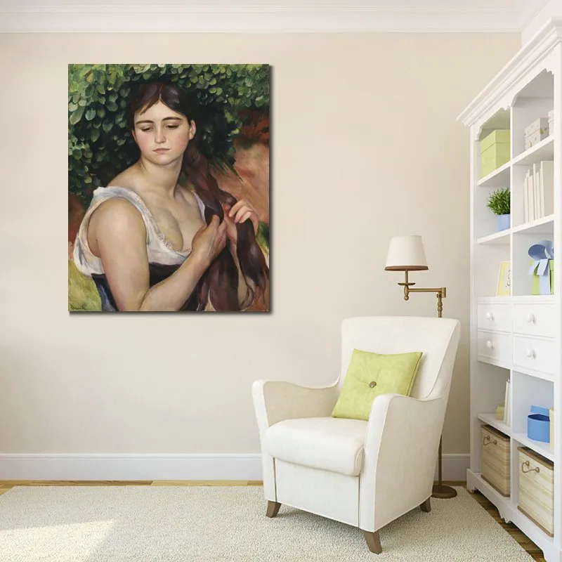 Słynne obrazy Pierre'a Auguste'a Renoira dziewczyna zaplatająca włosy impresjonistyczny krajobraz ręcznie malowany obraz olejny Home Decor