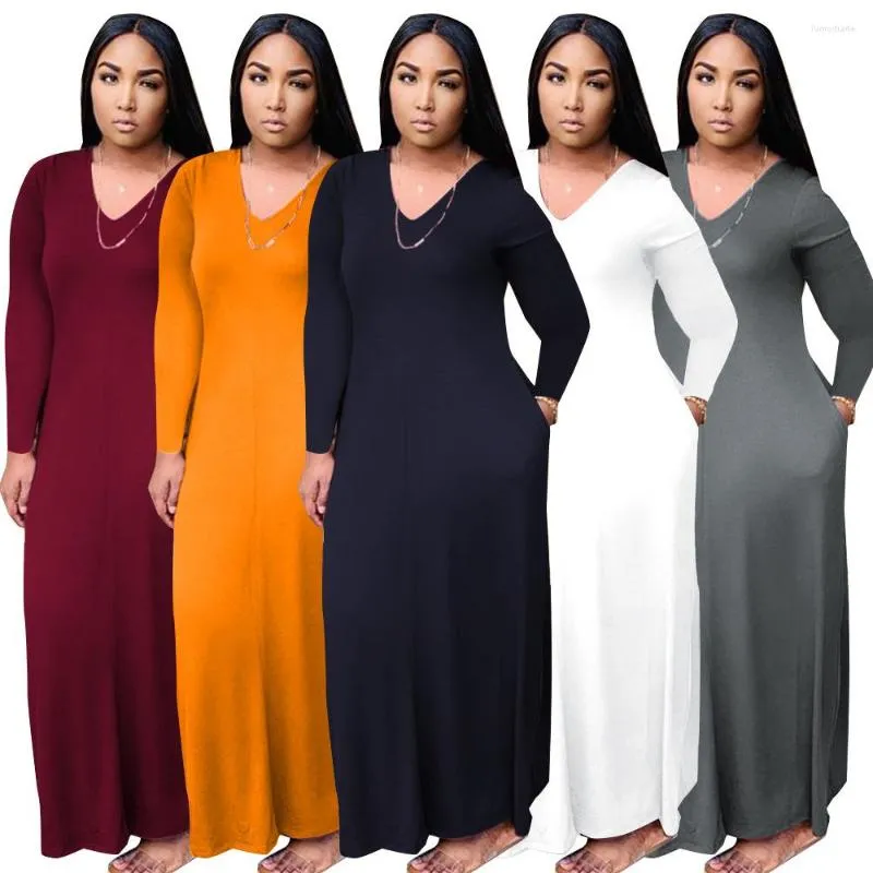 Casual Dresses Autumn Dress Large Size Women's V-Neck Low-Cut Long Urban Loose Comfortable Pure Color With Pockets