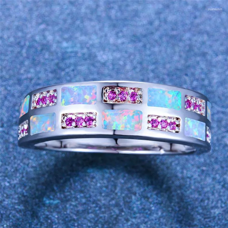 Anneaux de mariage mignon femme bleu blanc opale de feu anneau Style Unique couleur argent doigt Vintage Boho fiançailles pour les femmes