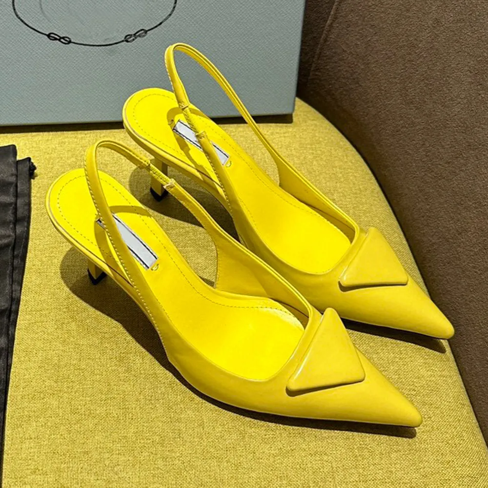 Gul polsk läder slingback pumpar vadderad kvällspunkt tå klackar sandaler 75 mm kvinnor klackade designer klänningskor 35-43 fabrikskor