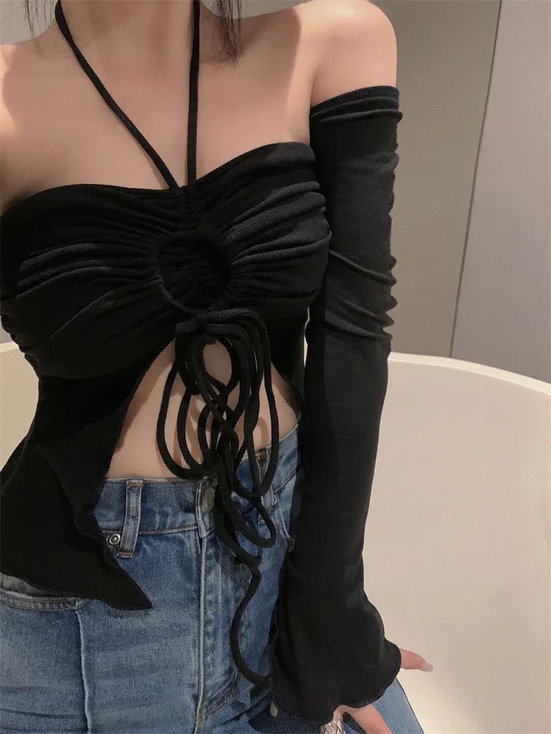 T-shirt pour femme Charmante femme Sexy Crop Tops Femme Halter Neck Tops avec manches Couleur unie Plissé Tie Up Drawstring Summer Slim Fit Shirt 230707