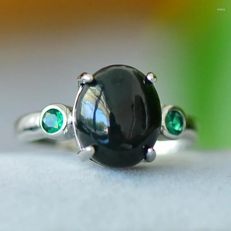 Klustringar Dam Svart Jade Ring Med Emerald Ädelsten Äkta kinesisk nefrit Hetian Jades Justerbar Kvinna Anillo De Moda