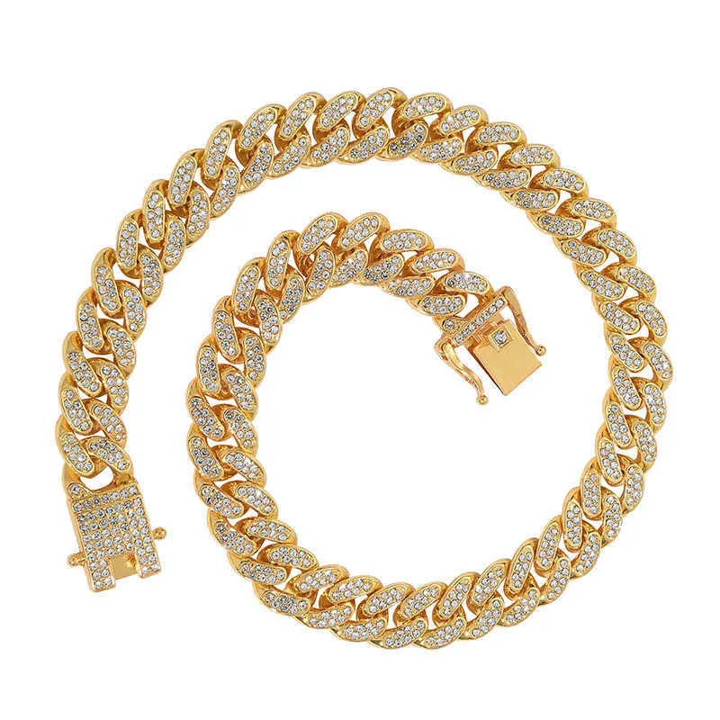 Iced Out Cuban Link Chain 13mm Diamond Hip Hop Necklace, Gold