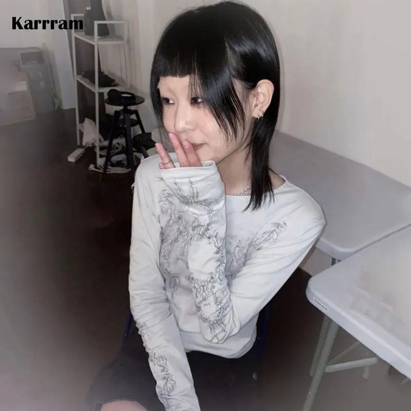 Женская футболка Karrram Y2K Эстетическая футболка Grunge Fairycore Корейская модная футболка с длинным рукава
