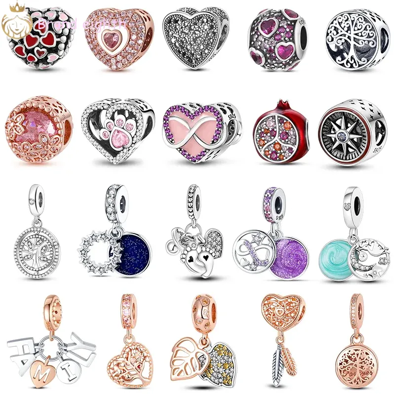 Do charmsów Pandora srebrne koraliki Oryginalne pudełko Flower Heart Dangle Charm Europejski koralik w kolorze różowego złota