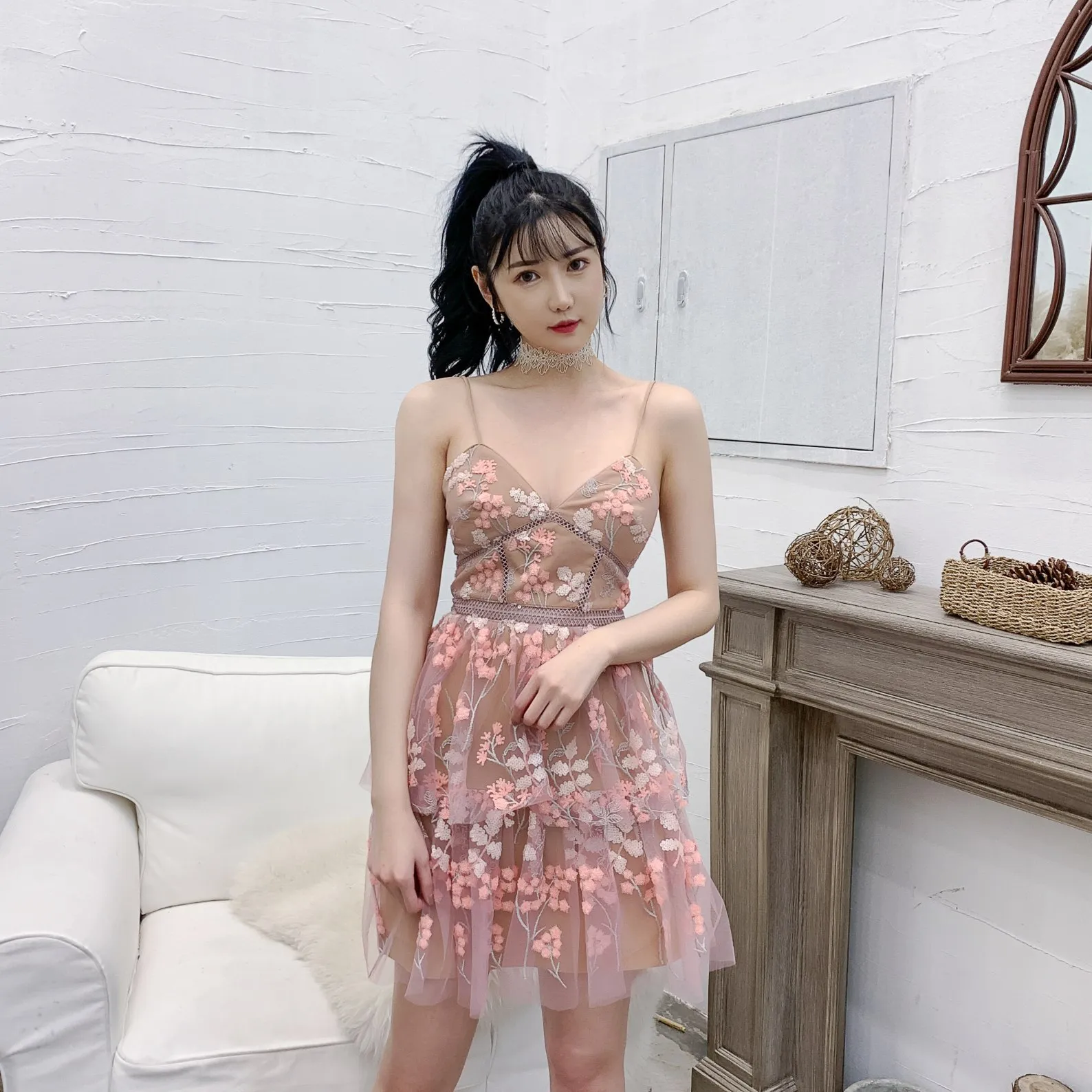 self portrait floral embroidered mesh mini dress Annet Linen Blend Midi Dress-Navy main image 1