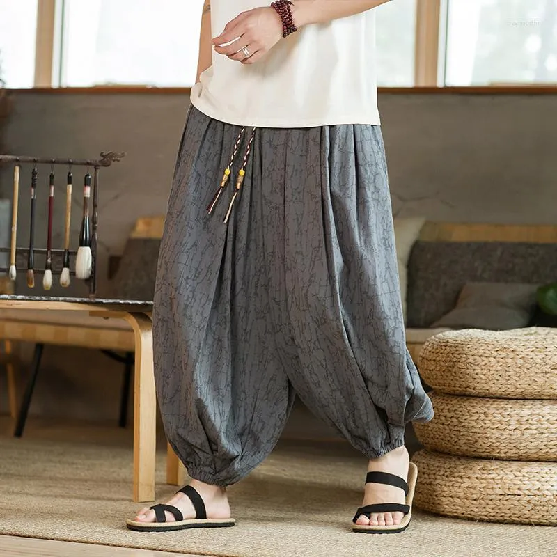 Men's Pants MrGB Linen Cotton Wide Leg Casual For Men Loose China Style Jacquard Large Size Harem Pant Vintage Drawstring Bloomers